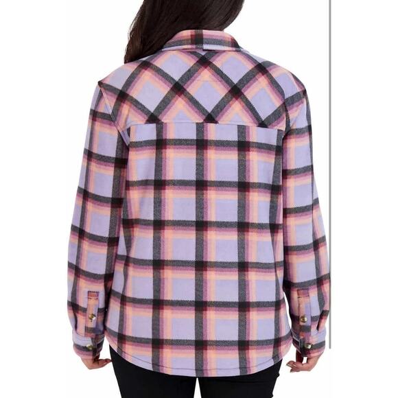 Women's Long Sleeve Plaid Super Plush Sherpa Lined Fleece Shirt Jacket - Picture 3 of 13